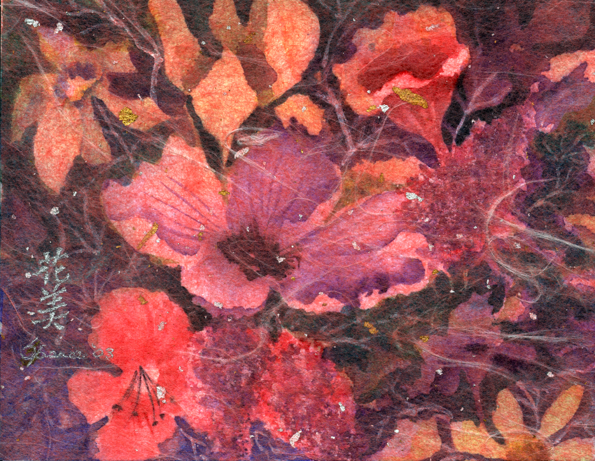 A textured, mixed-media piece featuring deep red and pink flowers on fibrous paper with visible gold and silver metallic flakes. Japanese kanji characters are visible on the left side.